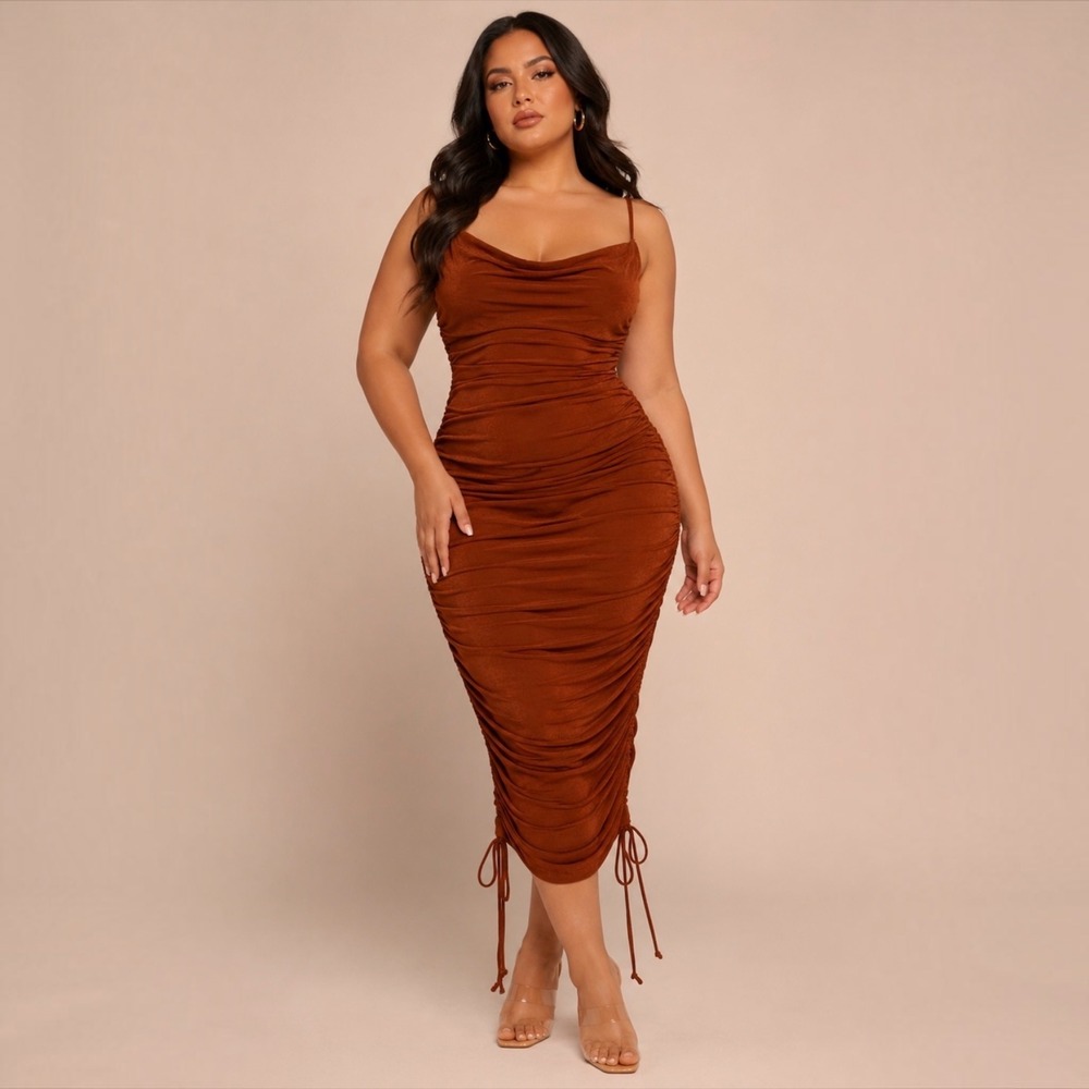 JLUXLABEL Rust Brown Ruched Shimmer Bodycon Midi Dress Cowl Neck Stretch Size L